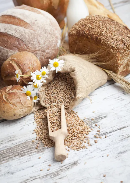 Freshly baked french bread with homespun fabric and wheat spikes on white background. — Stock Photo, Image