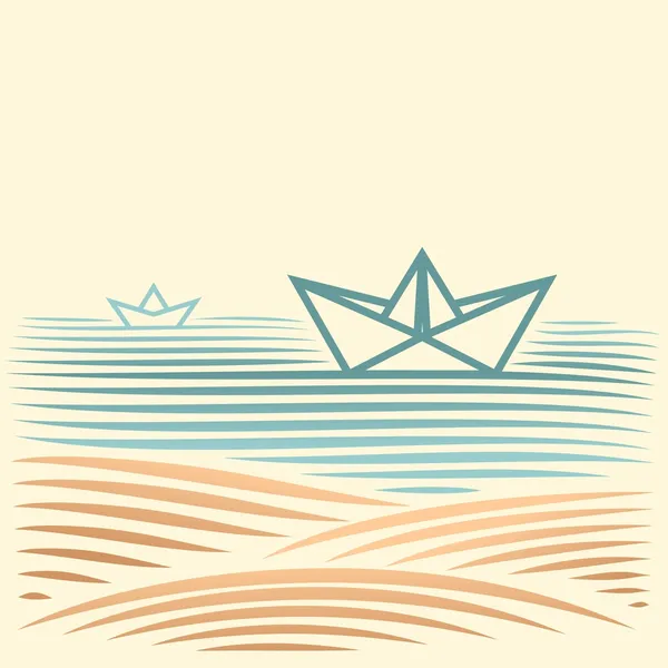 Kağıt tekne ile deniz manzarası — Stok Vektör