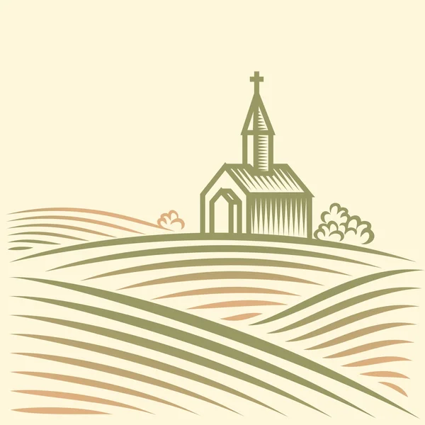 Paisagem rural com campos e igreja Vetor De Stock