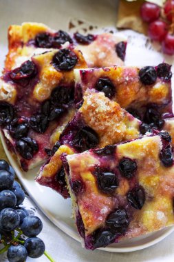 Geleneksel İtalyan hamur turtası. Üzümlü, Schiacciata üzümlü ve hafif arkaplanlı..