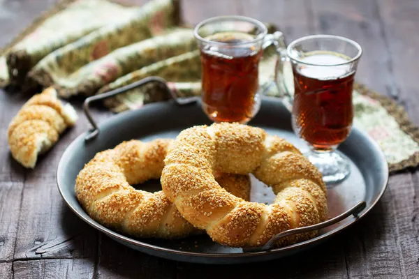 Traditional Turkish Simits Served Tea Rustic Style Selective Focus Stock Photo