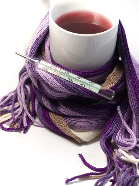 Hot fruit tea wrapped in the scarf — Stock Photo, Image
