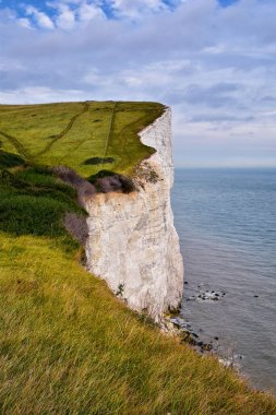 Dover 'ın Beyaz Kayalıkları. Deniz kenarındaki yürüyüş yolundan uçurumların detaylı manzara görüntüsünü kapat. 14 Eylül 2021 İngiltere, Birleşik Krallık, İngiltere.