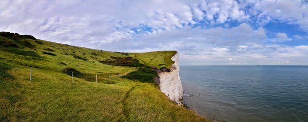 White Cliffs of Dover. Close up detailed landscape view of the cliffs from the walking path by the sea side. September 14, 2021 in England, United Kingdom, UK.