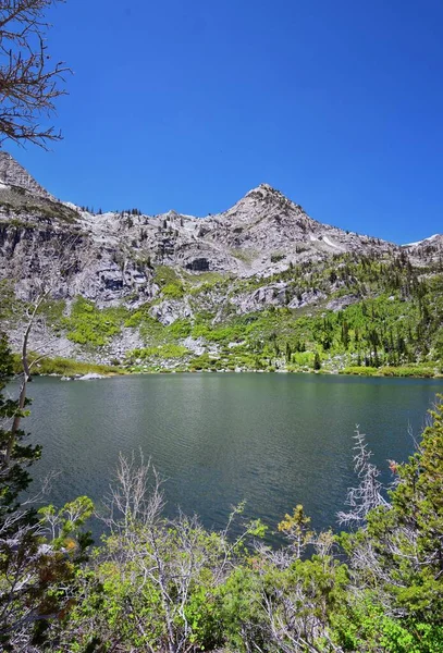 银湖平底水库俯瞰着美国叉子峡谷上方的淡水湖和周围的山脉 犹他州的瓦萨奇山脉美国 — 图库照片