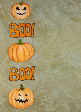 Mutlu Cadılar Bayramı. Bej bir arka planda Cadılar Bayramı süslemeleri. Fotokopi alanı olan Cadılar Bayramı partisi tebrik kartı modeli. Düz yatıyordu, üstten, yukarıdan..