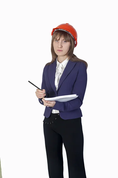 Business woman in suit holding a paper and pencil — Stock Photo, Image