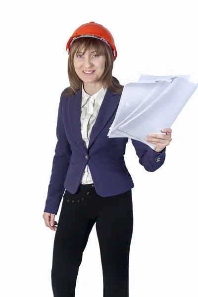 Business woman in protective helmet waving documents — Stock Photo, Image