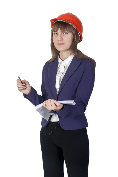 Business woman in suit holding a paper and pencil — Stock Photo, Image