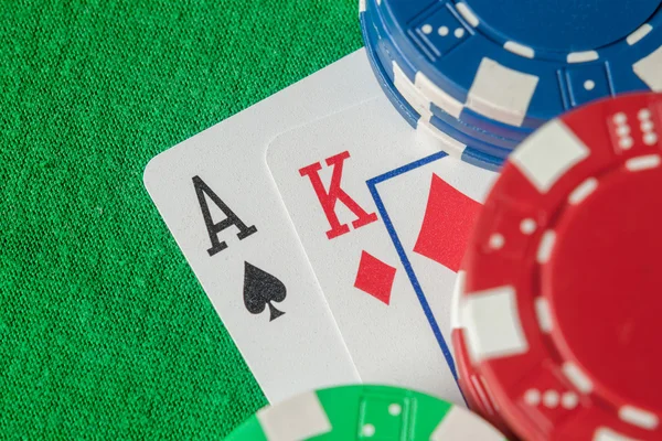 Ace, king and poker chips stack — Stock Photo, Image