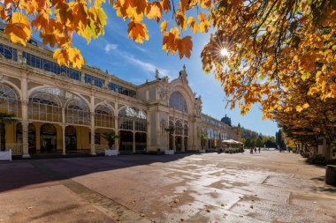 Autumn atmosphere in Czech spa Marianske Lazne (Marienbad) - building of main colonnade - sunny autumn day with blue sky and yellow tree leaves clipart