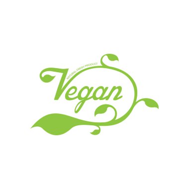 Vegan calligraphy logo with green leaves for organic food. Vegan vegetarian design symbol typography logo