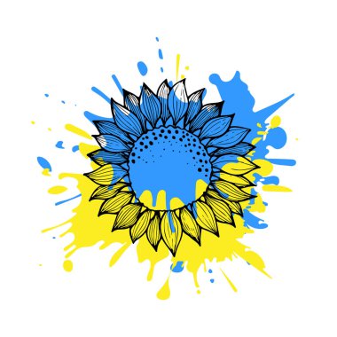 Ukrayna bayrağı olarak mavi ve sarı boya lekelerinin arka planına karşı ayçiçeği