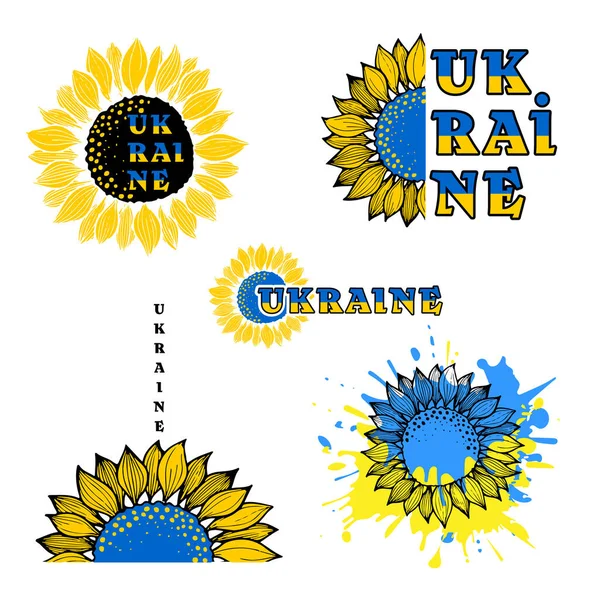 Set with blue and yellow sunflower flower hand-drawn as doodle and text Ukraine for merch or sticke