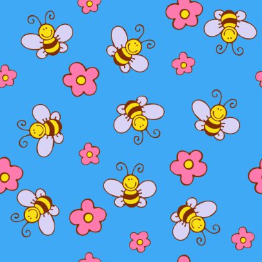 Cute seamless pattern with funny bees and flowers on a blue background