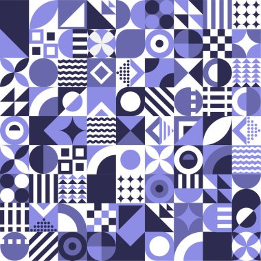 Purple minimalistic geometric abstract vector pattern in Bauhaus style with simple shapes like square and circle and triangle