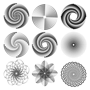 Set - round Dotted Spiral Vortex black background for pop art comic from halftone dots