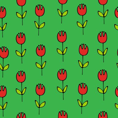 Simple seamless pattern with red tulips and green background