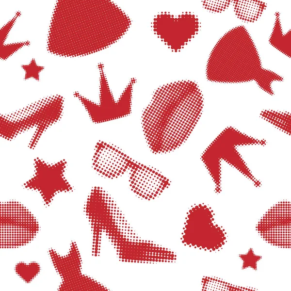 Beautiful Woman Stuff Red Shoes Dress Glasses Heart Star Dotted — Stock Vector