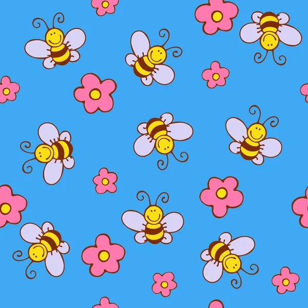 Cute seamless pattern with funny bees and flowers on a blue background