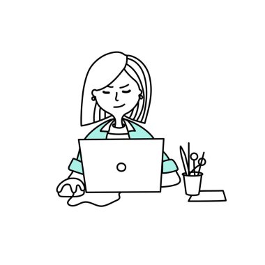 Girl working in the office at the computer in line style