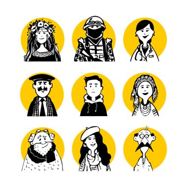 Collection of 10 comic faces and characters of people in the style of doodles for avatars in the yellow circle