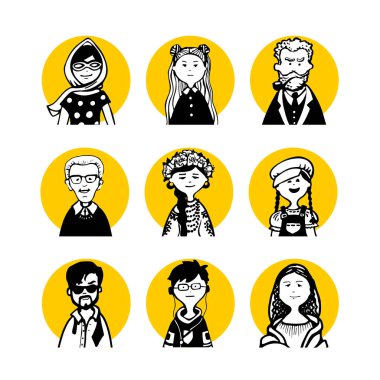 Collection 15 comic faces and characters of people in style of doodles for avatar in the yellow circle