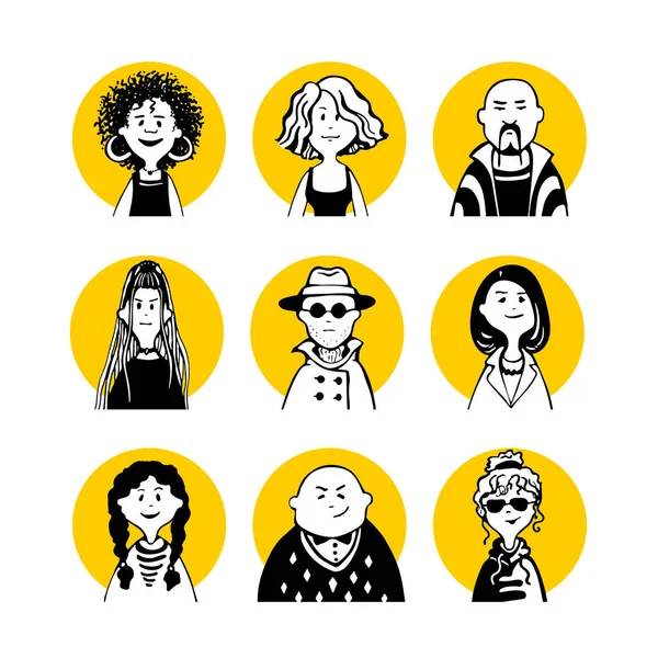 Collection Comic Faces Characters People Style Doodles Avatar Yellow Circle — Stockový vektor