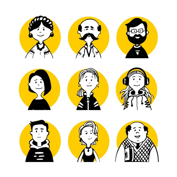 Collection Comic Peoples Faces Characters Doodle Style Monochrome Avatars Black —  Vetores de Stock