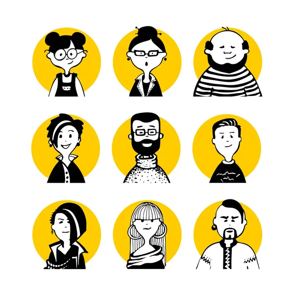Collection Comic Peoples Faces Characters Doodle Style Monochrome Avatars Black — Stockový vektor