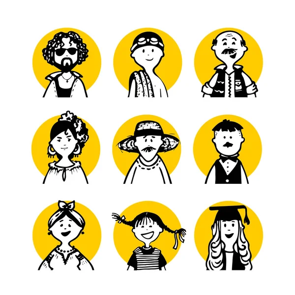Collection Comic Peoples Faces Characters Doodle Style Monochrome Avatars Black — Stock vektor