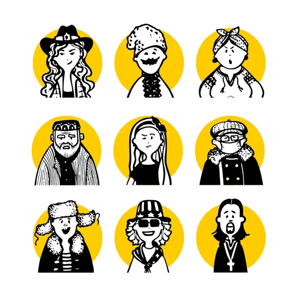 Collection Comic Peoples Faces Characters Doodle Style Monochrome Avatars Black — Stockový vektor