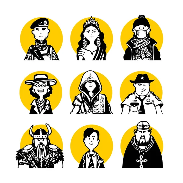 Collection Comic Peoples Faces Characters Doodle Style Monochrome Avatars Black — Vector de stock