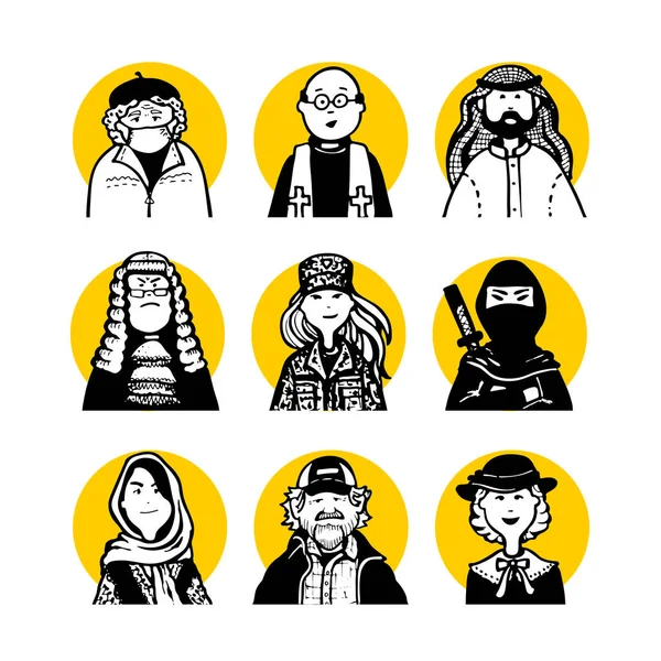 Collection Comic Peoples Faces Characters Doodle Style Monochrome Avatars Black — Vettoriale Stock