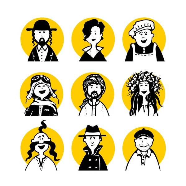 Collection Comic Peoples Faces Characters Doodle Style Monochrome Avatars Black — ストックベクタ