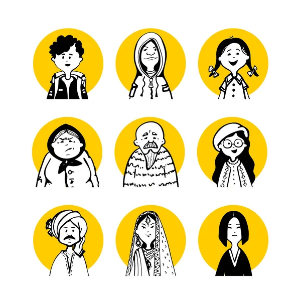 Collection Comic Faces Characters People Style Doodles Avatar Yellow Circle — Stockový vektor