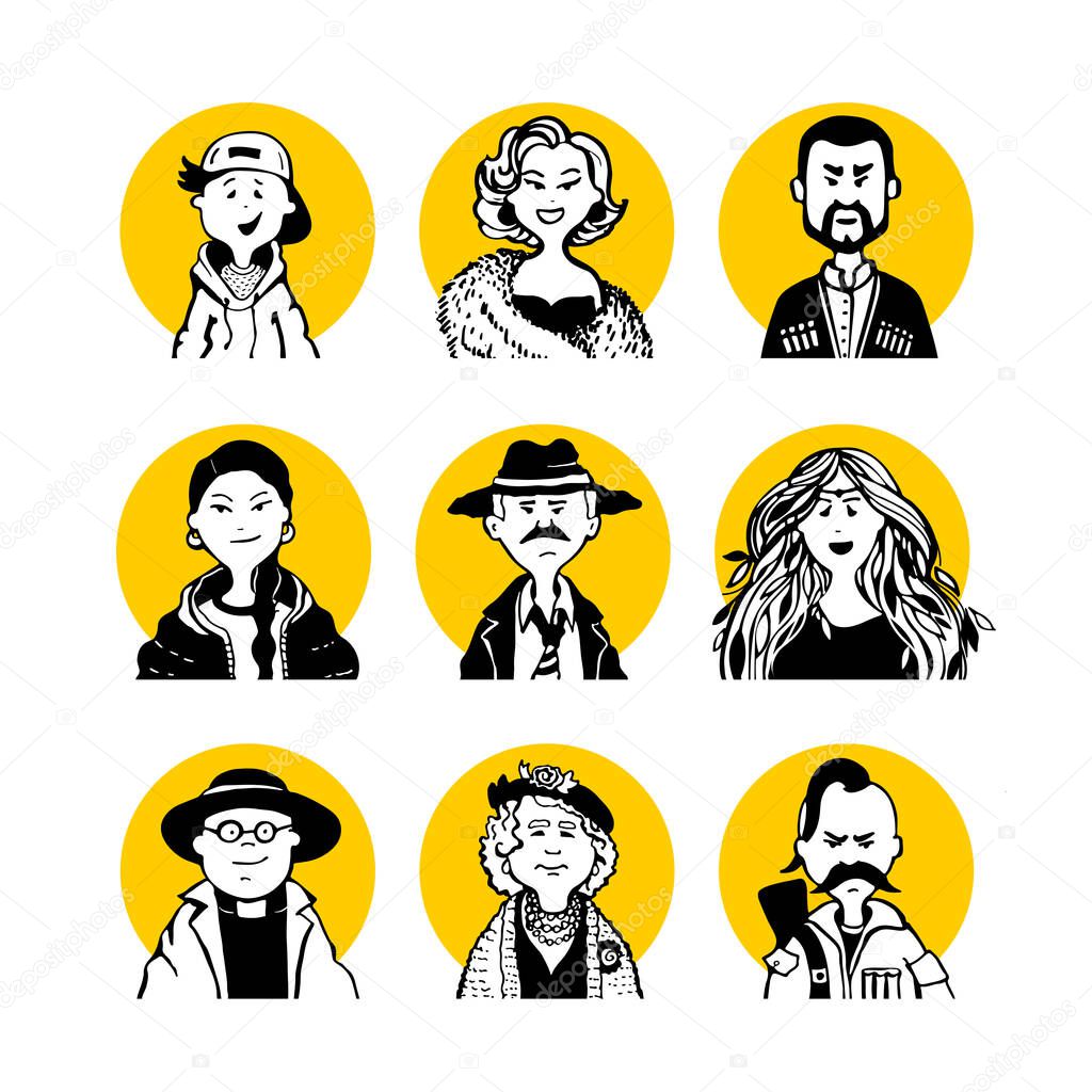Collection 19 comic faces and characters of people in the style of doodles for avatars in the yellow circle