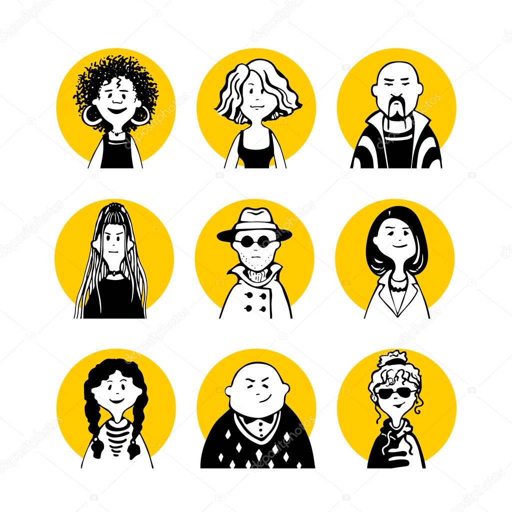 Collection 20 comic faces and characters of people in style of doodles for avatar in yellow circle