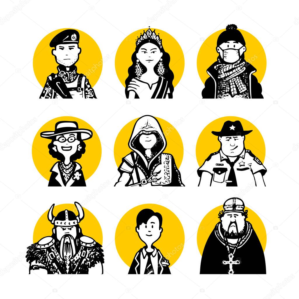 Collection 06 of comic peoples faces and characters in doodle style for monochrome avatars and black-white pictograms and set social media icons and portraits for articles or blog