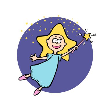 Cheerful little star girl with magic wand flying spraying star pollen