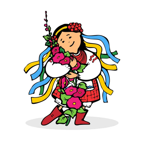 Cute Ukrainian Girl National Costume Wreath Multi Colored Ribbons Hugs — Stockový vektor