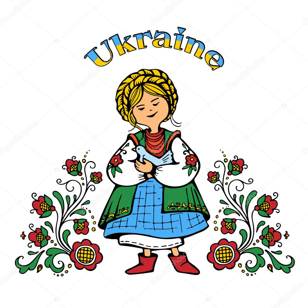 Ukrainian woman in embroidered ornament on shirt and bird with decorative flowers