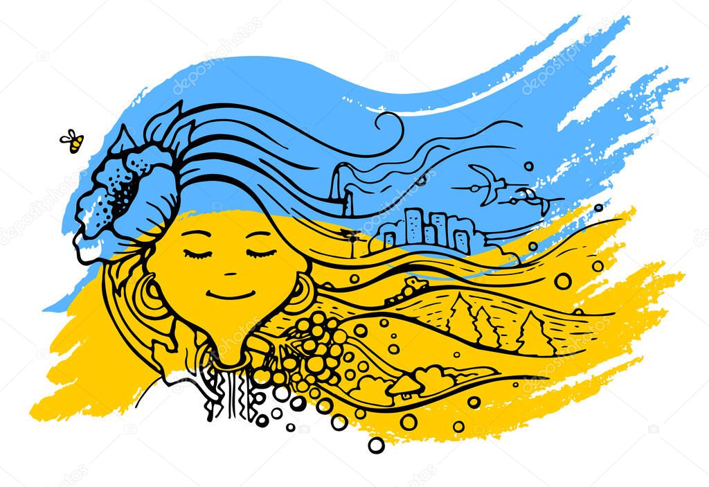 Cute girl in national clothes with a flower and a landscape of the country of Ukraine in long flowing hair and storks against the background of a yellow-blue flag