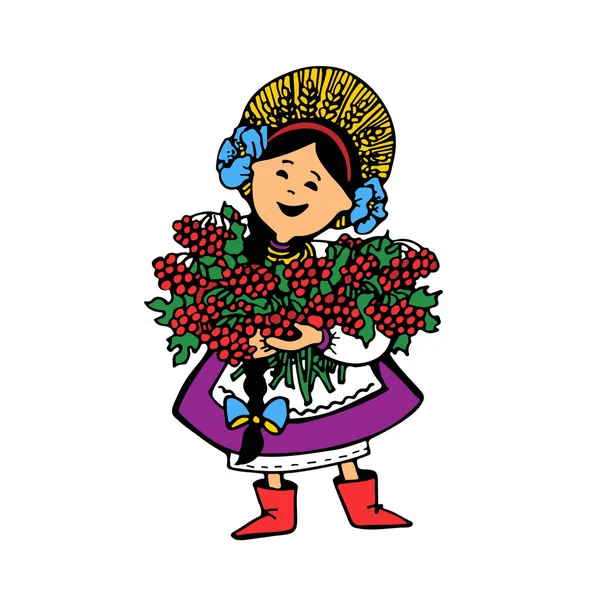 Smiling Girl Red Viburnum Yellow Wreath Spikelets Ukrainian Clothes — Stok Vektör