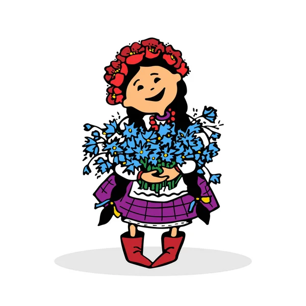 Ukrainian Girl National Costume Wreath Flowers Bouquet Blue Cornflowers — Διανυσματικό Αρχείο
