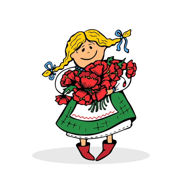 Ukrainian Girl Yellow Hair Blue Ribbons Bouquet Red Flowers — 스톡 벡터