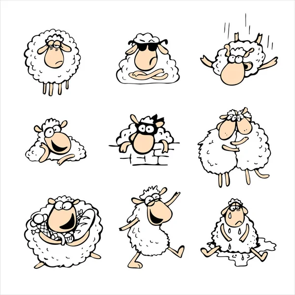 Collection Crazy Rams Cute Sheep Different Scenes Emotions — Stock Vector