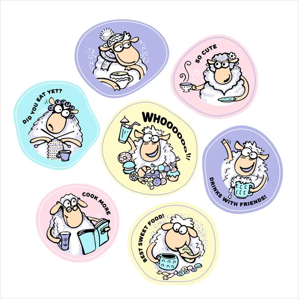 Set Stickers Cute Sheep Food Different Scenes Emotions — 图库矢量图片