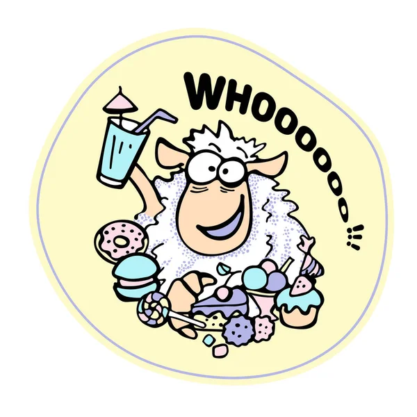 Sticker Boy Cute Crazy Sheep Cocktail Sweets Text Whoooooo — Stock Vector