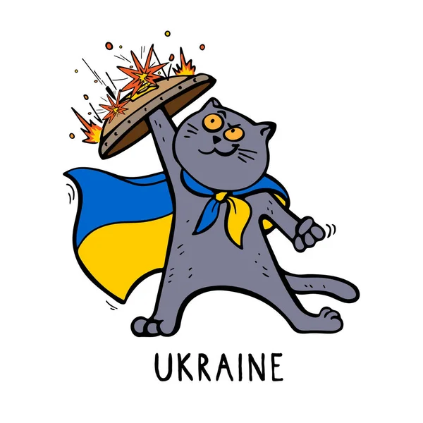 Ukrainian Superhero Cat Patriot Shield Defends Himself Explosions War — стоковий вектор